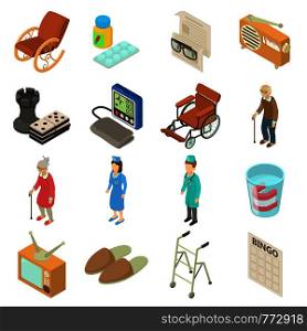 Nursing home icons set. Isometric illustration of 16 nursing home vector icons for web. Nursing home icons set, isometric style