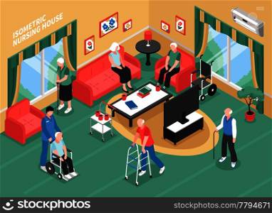 Nursing home interior with staff, elderly people in wheelchair, with walkers or cane isometric vector illustration. Nursing Home Isometric Illustration
