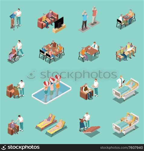 Nursing home isometric set of staff monitoring patients and elderly people involved in different activities isolated vector illustration