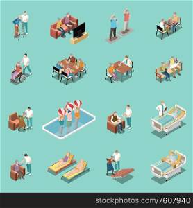Nursing home isometric set of staff monitoring patients and elderly people involved in different activities isolated vector illustration