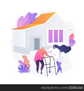 Nursing home. Nurse cartoon character taking care for elderly disabled person on wheelchair. Old people, convalescent home, long-term facilities. Vector isolated concept metaphor illustration. Nursing home vector concept metaphor