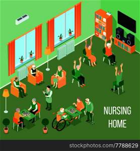 Nursing home residents room interior isometric view with residents playing chess reading and physical activities vector illustration . Nursing Home Care Interior Isometric