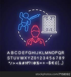 Nursing neon light concept icon. Doctor idea. Nurse, pediatrician. Hospital, vaccination. Child medical care, healthcare. Glowing sign with alphabet, numbers and symbols. Vector isolated illustration