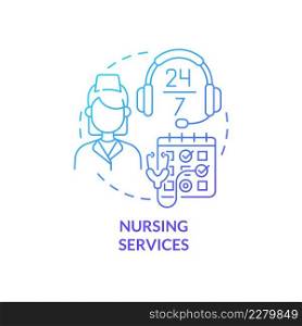 Nursing services blue gradient concept icon. Caregiving service for patients. Hospice services abstract idea thin line illustration. Isolated outline drawing. Myriad Pro-Bold fonts used. Nursing services blue gradient concept icon