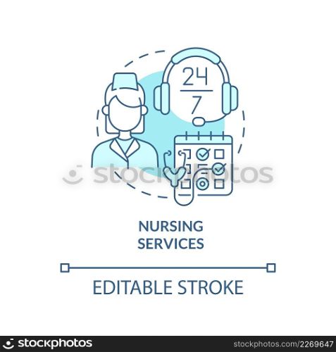 Nursing services turquoise concept icon. Professional patient care. Hospice services abstract idea thin line illustration. Isolated outline drawing. Editable stroke. Arial, Myriad Pro-Bold fonts used. Nursing services turquoise concept icon