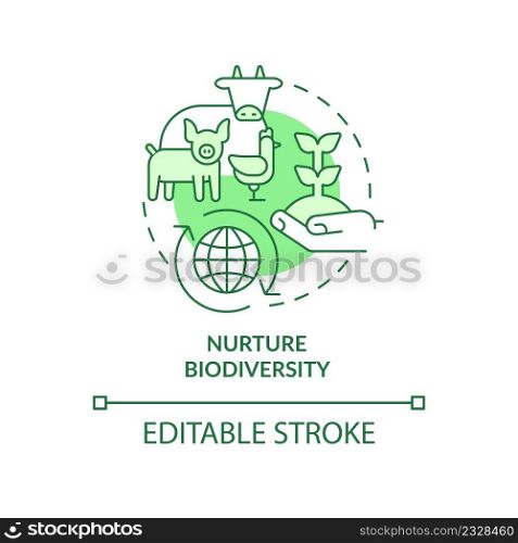 Nurture biodiversity green concept icon. Farm growth. Shift to regenerative culture abstract idea thin line illustration. Isolated outline drawing. Editable stroke. Arial, Myriad Pro-Bold fonts used. Nurture biodiversity green concept icon