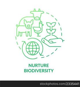 Nurture biodiversity green gradient concept icon. Production of farm. Shift to regenerative culture abstract idea thin line illustration. Isolated outline drawing. Myriad Pro-Bold font used. Nurture biodiversity green gradient concept icon