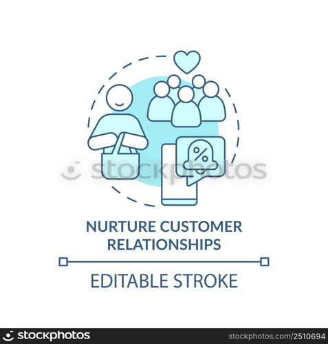 Nurture customer relationships turquoise concept icon. Solving for customer needs abstract idea thin line illustration. Isolated outline drawing. Editable stroke. Arial, Myriad Pro-Bold fonts used. Nurture customer relationships turquoise concept icon