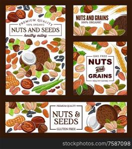 Nut, bean, seed and cereal grain vector banners of almond, peanut and pistachio, hazelnut, walnut and coconut, sunflower seeds, wheat and bean pods. Healthy food, GMO and gluten free products design. Peanut, almond, hazelnut, walnut. Nuts and beans