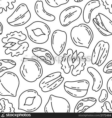 Nut bundle pattern. Doodle vector food sketch set. Walnut, hazelnut, almond and macadamia. Peanut, cashew and cola nut, pistachios, brazil nut and pecan