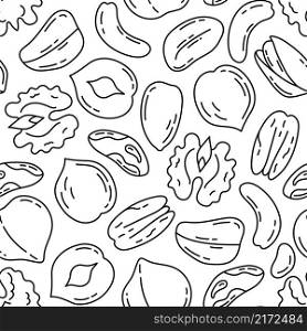Nut bundle pattern. Doodle vector food sketch set. Walnut, hazelnut, almond and macadamia. Peanut, cashew and cola nut, pistachios, brazil nut and pecan