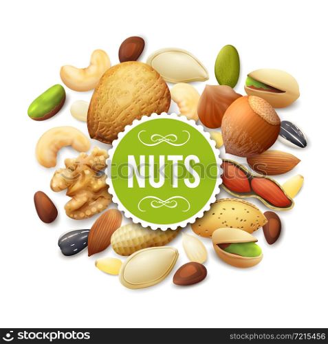 Nut collection with raw food mix and paper label vector illustration. Nut Collection Illustration