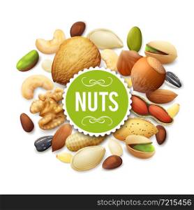 Nut collection with raw food mix and paper label vector illustration. Nut Collection Illustration
