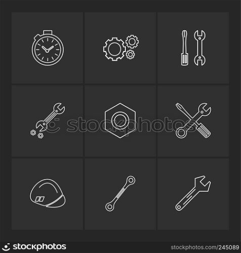 nut , screw driver , wrench , stop watch , hardware , tools , constructions , labour , icon, vector, design,  flat,  collection, style, creative,  icons , wrench , work , 