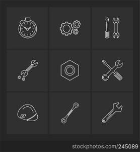 nut , screw driver , wrench , stop watch , hardware , tools , constructions , labour , icon, vector, design,  flat,  collection, style, creative,  icons , wrench , work , 