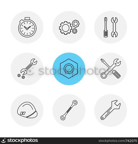 nut , screw driver , wrench , stop watch , hardware , tools , constructions , labour , icon, vector, design, flat, collection, style, creative, icons , wrench , work ,