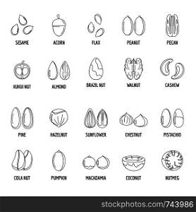 Nut types ith signed names icons set. Outline illustration of 20 nut types ith signed names vector icons for web. Nut types with signed names icons set outline style