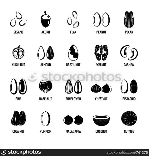 Nut types ith signed names icons set. Simple illustration of 20 nut types ith signed names vector icons for web. Nut types with signed names icons set simple style