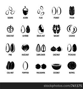 Nut types ith signed names icons set. Simple illustration of 20 nut types ith signed names vector icons for web. Nut types with signed names icons set simple style