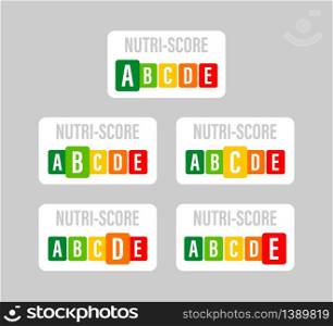 Nutri score for packaging design. Logo, icon, label. Vector stock illustration. Nutri score for packaging design. Logo, icon, label. Vector stock illustration.