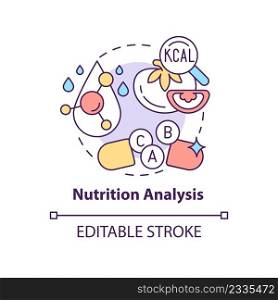Nutrition analysis concept icon. Food testing abstract idea thin line illustration. Dietary content. Vitamins and minerals. Isolated outline drawing. Editable stroke. Arial, Myriad Pro-Bold fonts used. Nutrition analysis concept icon