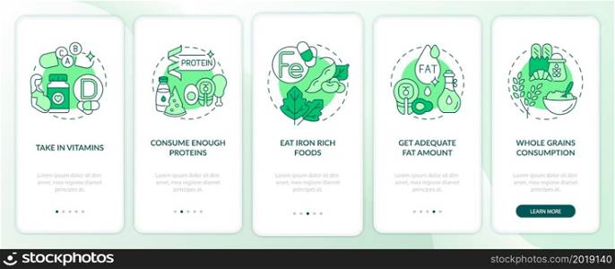 Nutrition during pregnancy onboarding mobile app page screen. Iron rich foods walkthrough 5 steps graphic instructions with concepts. UI, UX, GUI vector template with linear color illustrations. Nutrition during pregnancy onboarding mobile app page screen