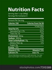 Nutrition facts informative promo poster with calories and vitamins percentage vector illustration on green background. Food contain data banner.. Nutrition Facts Informative Green Promo Poster
