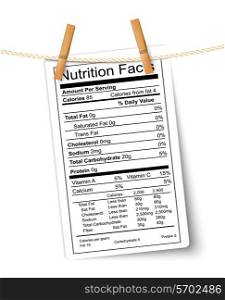 Nutrition facts label hanging on a rope. Vector.