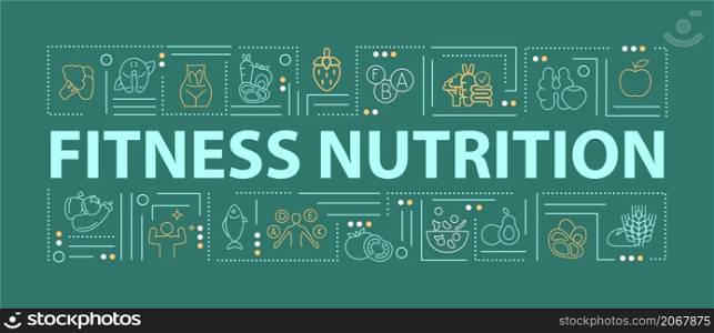 Nutrition for athletes word concepts green banner. Sports diet. Infographics with linear icons on background. Isolated typography. Vector outline color illustration with text. Arial-Black font used. Nutrition for athletes word concepts green banner