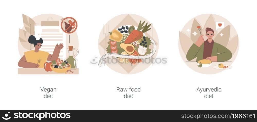 Nutrition plan abstract concept vector illustration set. Vegan diet, raw food organic meal, ayurvedic diet, healthy lifestyle, lose weight and feel better, vegetarian eating, greens abstract metaphor.. Nutrition plan abstract concept vector illustrations.