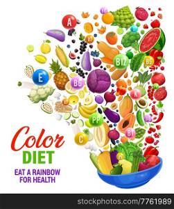 Nutrition plate of rainbow color diet with fruits, vegetables and vitamins. Dieting system, healthy nutrition program vector poster with falling in big plate or bowl ripe color veggies and berries. Nutrition plate of rainbow color diet vitamins