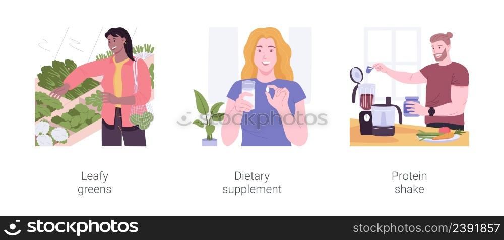 Nutrition supplements isolated cartoon vector illustrations set. Woman buying leafy greens in the supermarket, dietary supplement, girl takes vitamins, man makes protein cocktail vector cartoon.. Nutrition supplements isolated cartoon vector illustrations set.