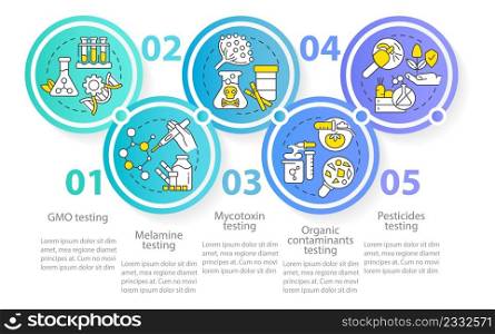 Nutritional analysis circle infographic template. Mycotoxin, melamine test. Data visualization with 5 steps. Process timeline info chart. Workflow layout with line icons. Myriad Pro Regular font used. Nutritional analysis circle infographic template