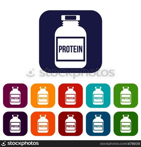 Nutritional supplement for athletes icons set vector illustration in flat style in colors red, blue, green, and other. Nutritional supplement for athletes icons set