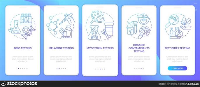 Nutritional testing blue gradient onboarding mobile app screen. Walkthrough 5 steps graphic instructions pages with linear concepts. UI, UX, GUI template. Myriad Pro-Bold, Regular fonts used. Nutritional testing blue gradient onboarding mobile app screen