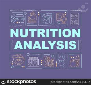 Nutritional testing word concepts dark purple banner. Food safety tests. Infographics with icons on color background. Isolated typography. Vector illustration with text. Arial-Black font used. Nutritional testing word concepts dark purple banner