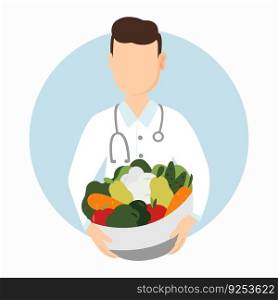 Nutritionist concept. Faceless man with vegetables and fruits plate. Nutrition therapy with healthy food and physical activity. Weight loss program and diet plan. Vector illustration in cartoon style. Nutritionist concept. Vector cartoon faceless man with vegetables and fruits bowl. Weight loss program and Diet plan. Nutrition therapy with healthy food.