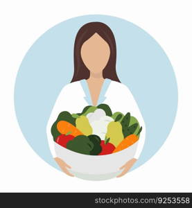 Nutritionist concept. Faceless woman with vegetables and fruits plate. Nutrition therapy with healthy food and physical activity. Weight loss program and diet plan. Vector illustration in cartoon style. Nutritionist concept. Vector cartoon faceless woman with vegetables and fruits bowl. Diet planner. Nutrition therapy with healthy food.