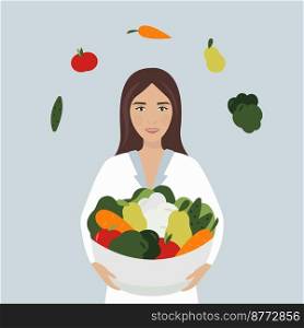 Nutritionist concept. Happy woman with vegetables and fruits plate. Nutrition therapy with healthy food and physical activity. Weight loss program and diet plan. Vector illustration in cartoon style. Nutritionist concept. Vector cartoon pretty young woman with vegetables and fruits bowl. Diet planner. Nutrition therapy with healthy food.