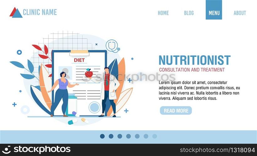 Nutritionist Consultation and Treatment. Online Clinic Service. Cartoon Doctor Selecting Diet Menu for Losing Weight. Overweight Female Patient at Appointment. Flat Landing Page. Vector Illustration. Nutritionist Consultation Treatment Landing Page