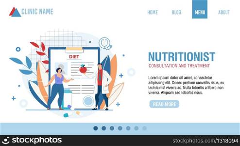 Nutritionist Consultation and Treatment. Online Clinic Service. Cartoon Doctor Selecting Diet Menu for Losing Weight. Overweight Female Patient at Appointment. Flat Landing Page. Vector Illustration. Nutritionist Consultation Treatment Landing Page