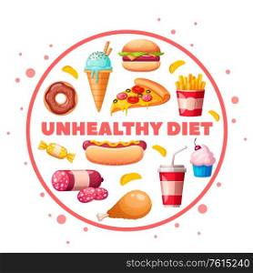 Nutritionist dietitian food to avoid unhealthy products cartoon circular composition with hamburger pizza donut cupcake vector illustration