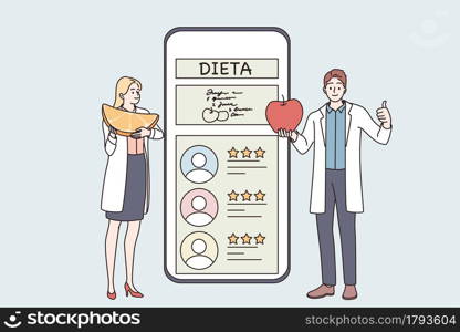 Nutritionist online service consultation concept. Young doctors nutritionists standing making Diet plan with healthy food and physical activity during Online consultation Vector illustration . Nutritionist online service consultation concept