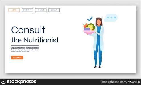 Nutritionist recommendations landing page vector template. Consulting dietitian website interface idea with flat illustrations. Healthy food homepage layout. Web banner, webpage cartoon concept