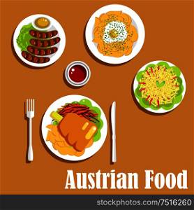 Nutritious austrian dishes of ham hock served with fried potatoes and fresh carrot, grilled vienna sausages with mustard and ketchup sauces, fried potato with egg and spaetzle noodles. Austrian cuisine dinner dishes and salad