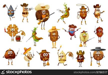 Nuts and beans cowboy, sheriff, ranger, robber and bandit characters. Vector coconut, peanut, walnut, sunflower or pumpkin seeds. Macadamia, almond, cashew or pistachio, coffee and brazilian nut. Nuts and beans cowboy, sheriff, ranger, robber