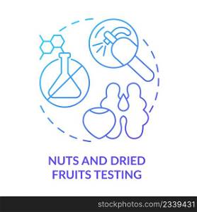 Nuts and dried fruits testing blue gradient concept icon. Expertise in food market abstract idea thin line illustration. Oxidation test. Isolated outline drawing. Myriad Pro-Bold font used. Nuts and dried fruits testing blue gradient concept icon