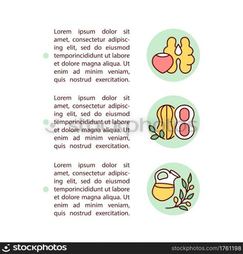 Nuts and olive oils concept line icons with text. PPT page vector template with copy space. Brochure, magazine, newsletter design element. Monounsaturated fats linear illustrations on white. Nuts and olive oils concept line icons with text