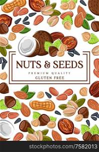 Nuts and seeds, organic GMO and gluten free raw vegan food. Vector peanut, hazelnut and almond, coconut, wheat and rye, sunflower seeds and pistachio nuts, healthy superfood nutrition. Gluten free food, vegan raw seeds and nuts