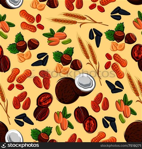 Nuts and seeds seamless pattern with almond, hazelnut, peanut, pistachio, walnut, coconut, wheat ears and sunflower seed on cream background. Vegetarian food and confectionery design. Nuts, wheat and seeds seamless pattern